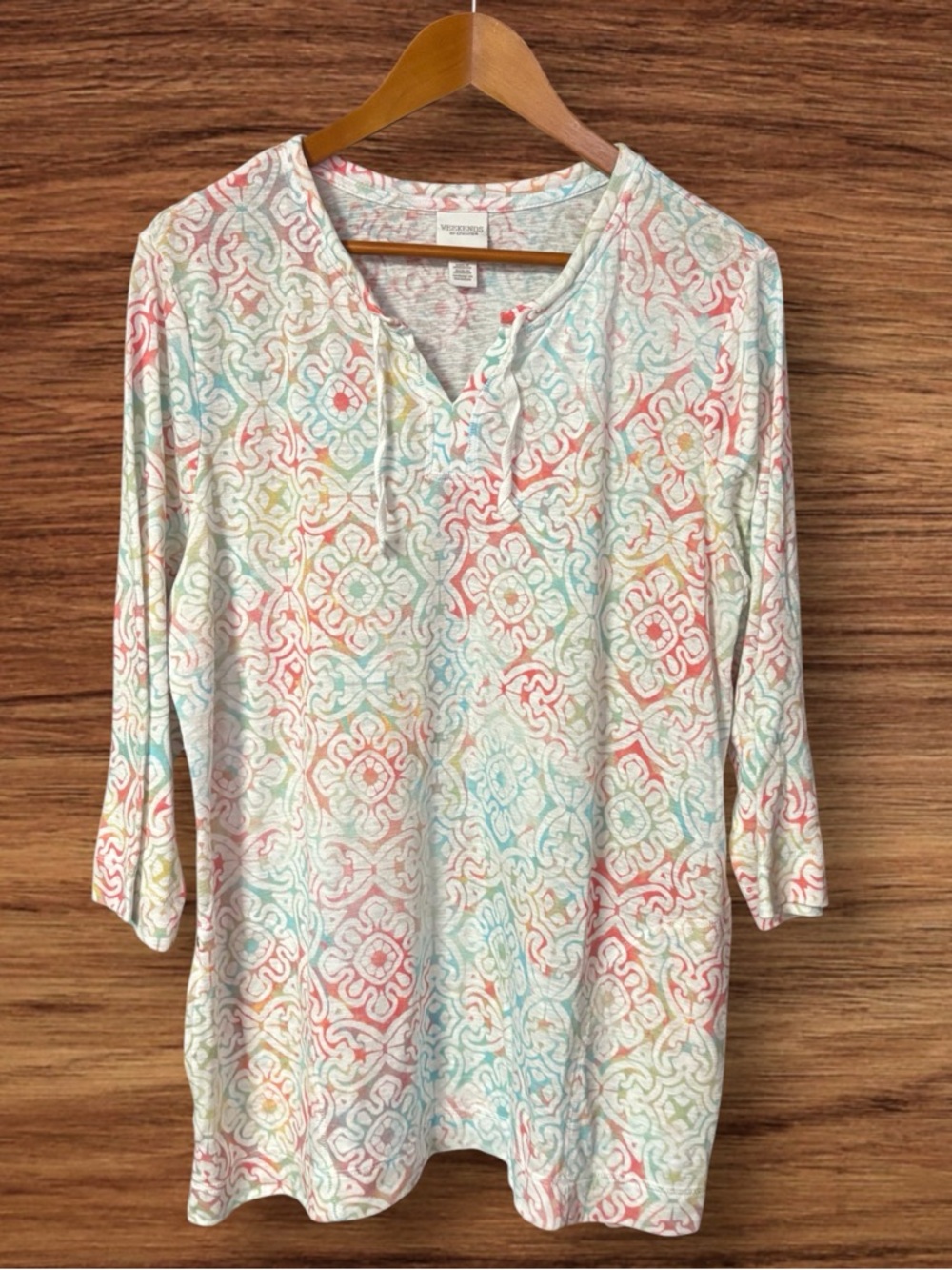Weekends By Chicoās Multi-Colored Pastel Medallion Pattern3/4 Length Sleeve Top